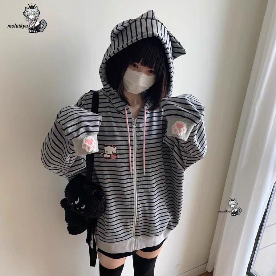 Y2K Women Striped Zip Up Jacke - Embroidery Zip Up Hoodie のレビューと価格