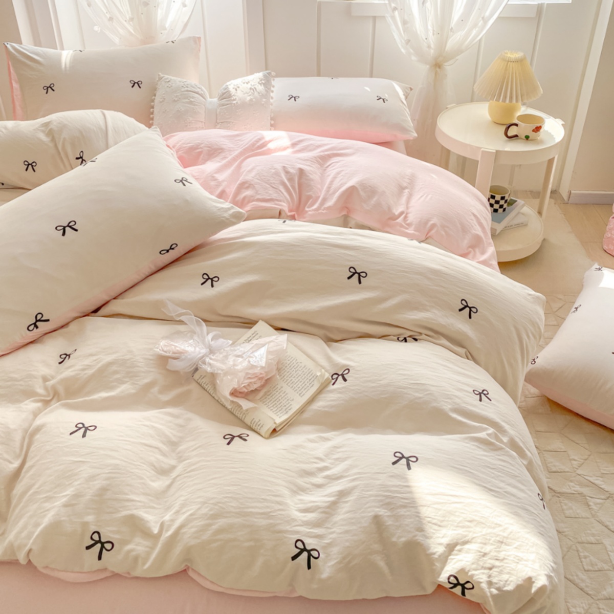 3 Piece Sheet Set pink bowkno - Embroidery Quilt Cover のレビューと価格