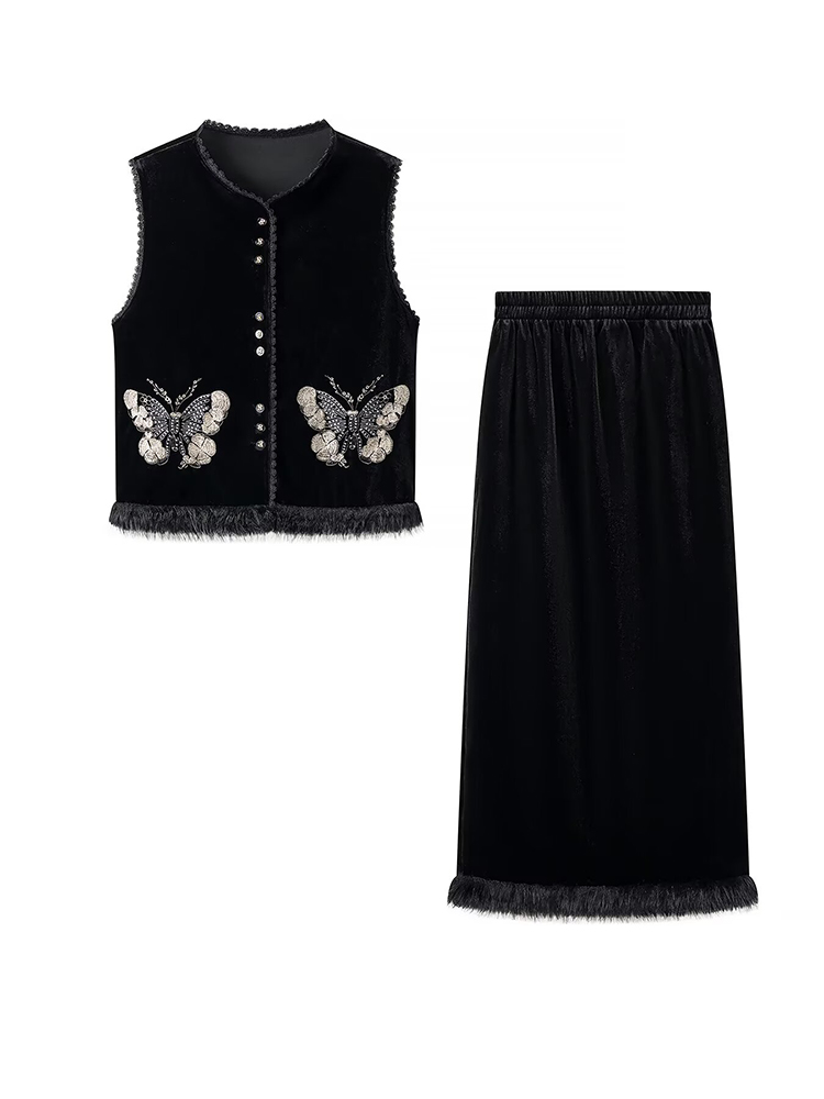 Women Black Velvet 2 Piece Mat - Embroidery Vest のレビューと価格