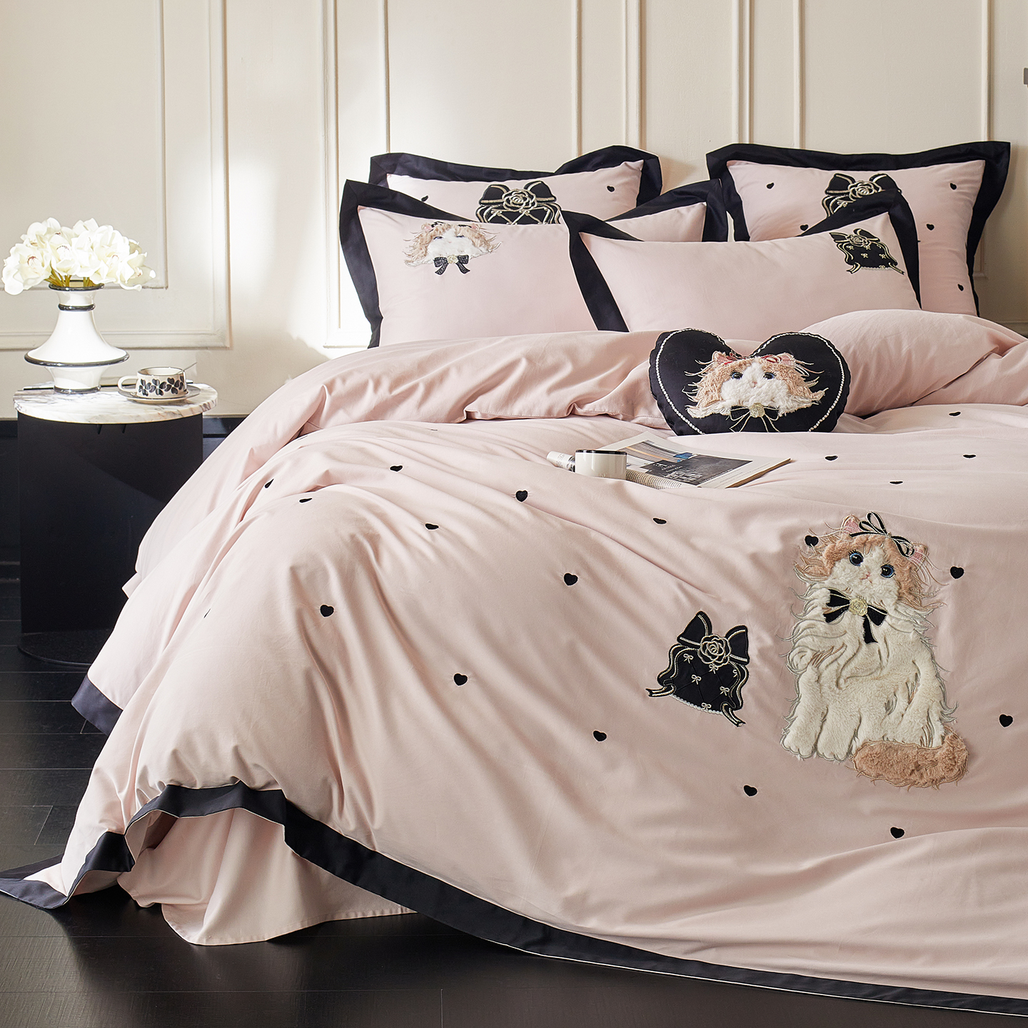 Pink Cute Cat Embroidery Black - Embroidery Quilt Cover のレビューと価格