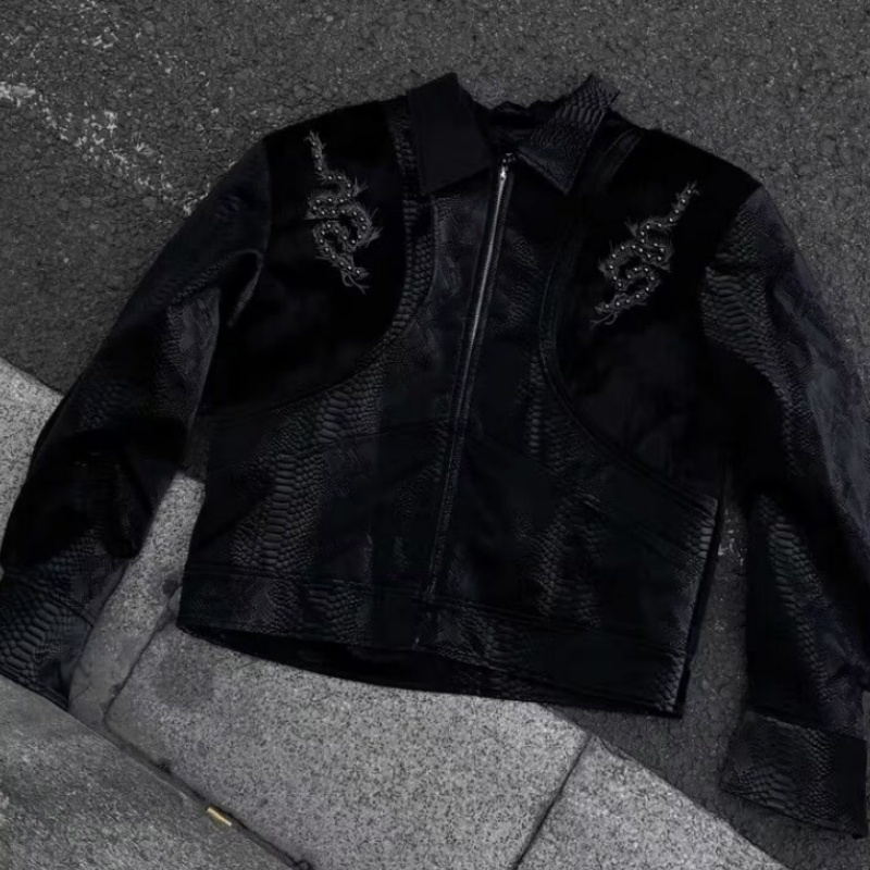 Men Black Snake Embossed Jacke - Embroidery Gothic のレビューと価格