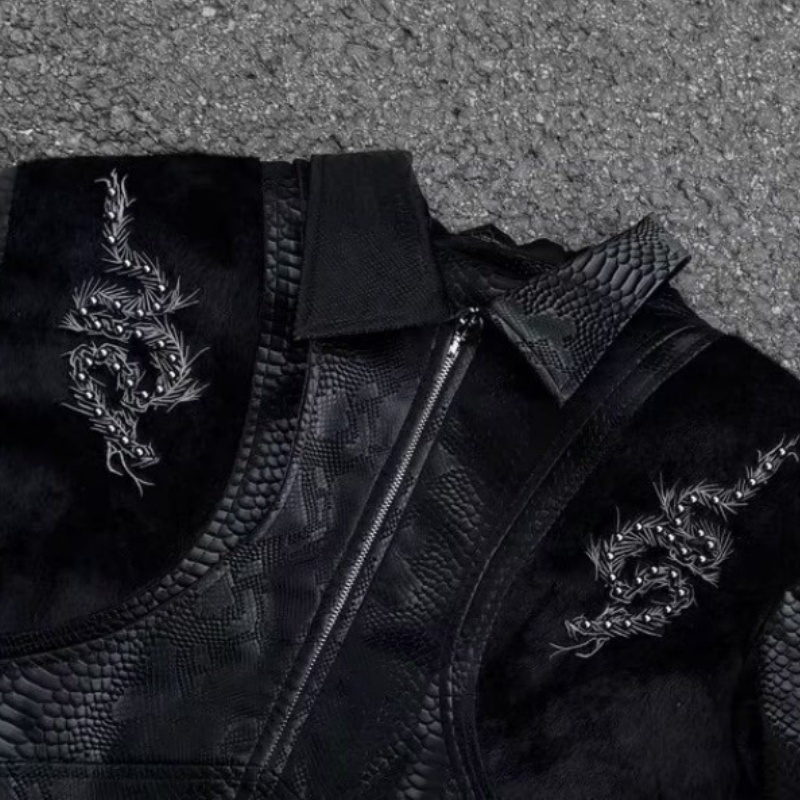 Men Black Snake Embossed Jacke - Embroidery Gothic のレビューと価格