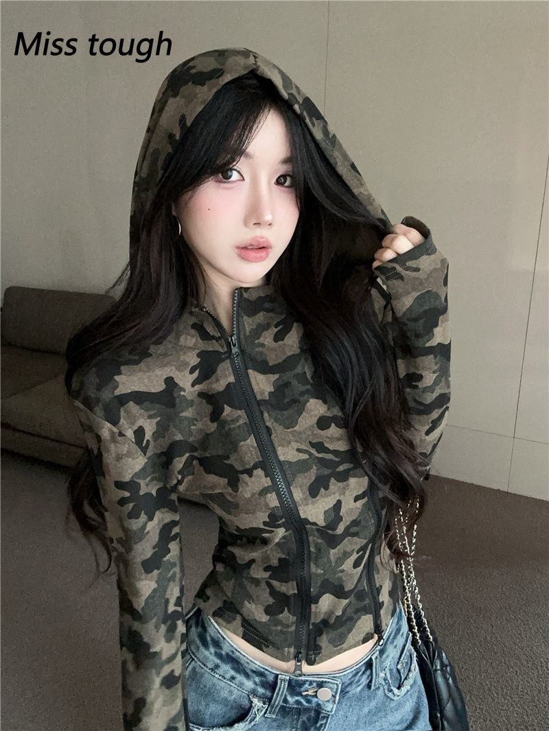 Women Camo Zip-up Hoodie Cropp - Embroidery Zip Up Hoodie のレビューと価格