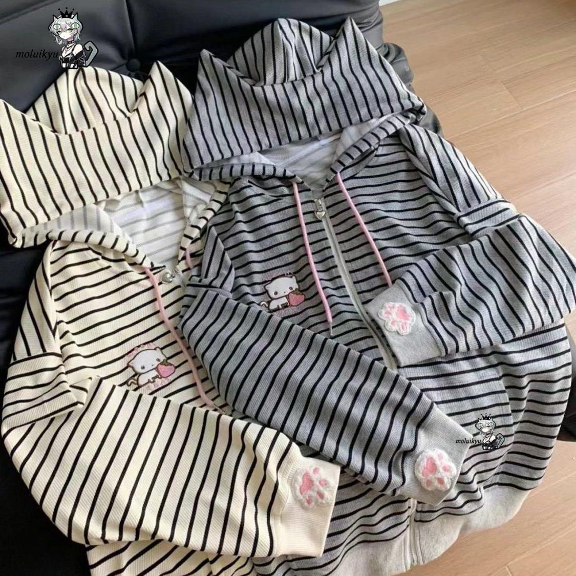 Y2K Women Striped Zip Up Jacke - Embroidery Zip Up Hoodie のレビューと価格