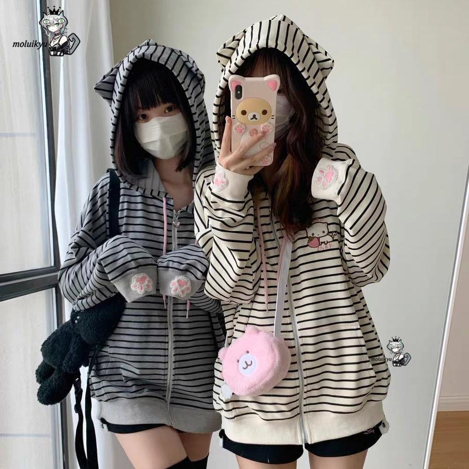 Y2K Women Striped Zip Up Jacke - Embroidery Zip Up Hoodie のレビューと価格
