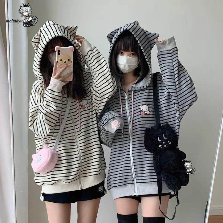 Y2K Women Striped Zip Up Jacke - Embroidery Zip Up Hoodie のレビューと価格