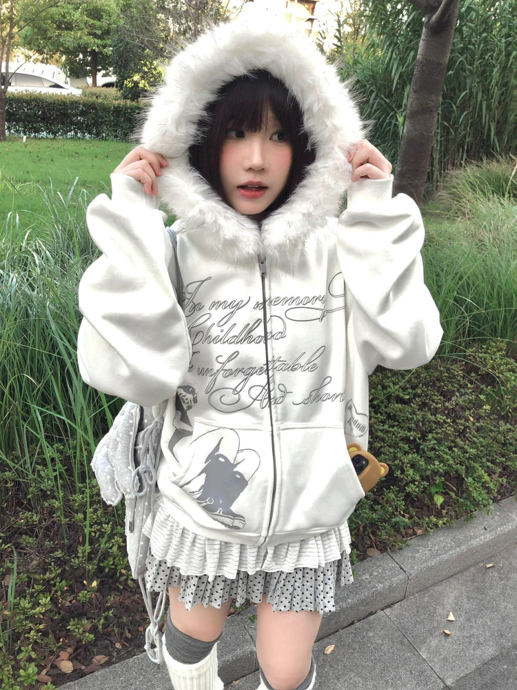 Y2K Japanese Kawai Faxu Fur Ho - Embroidery Zip Up Hoodie のレビューと価格