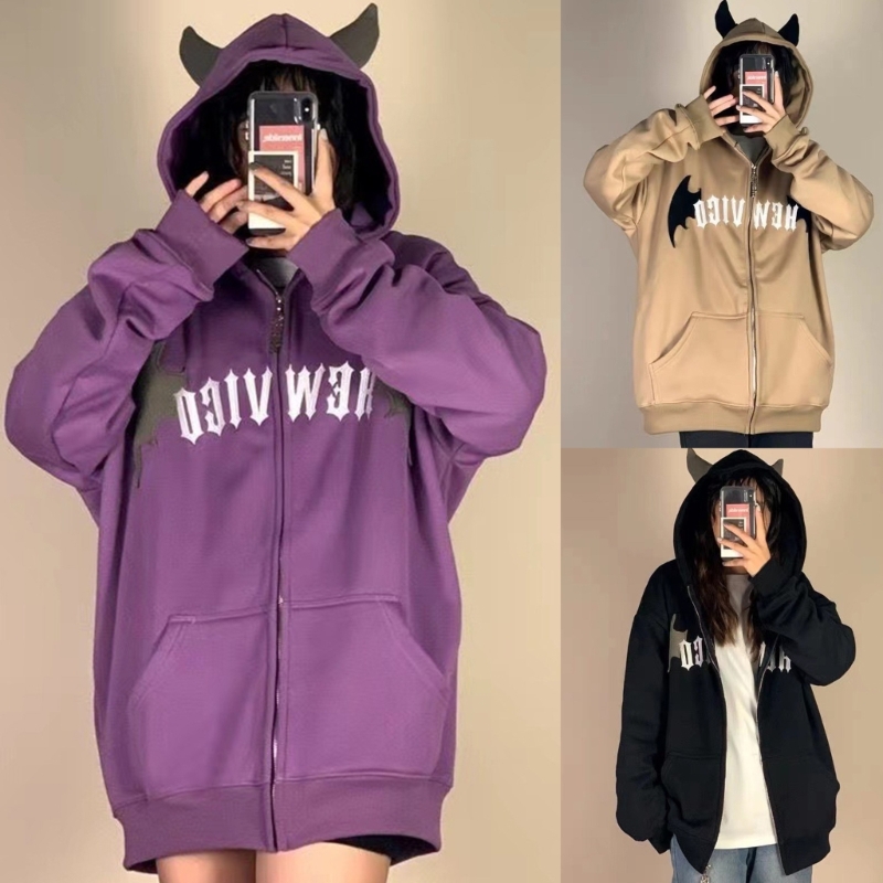 Stylish Womens Devil Horn Swea - Embroidery Zip Up Hoodie のレビューと価格