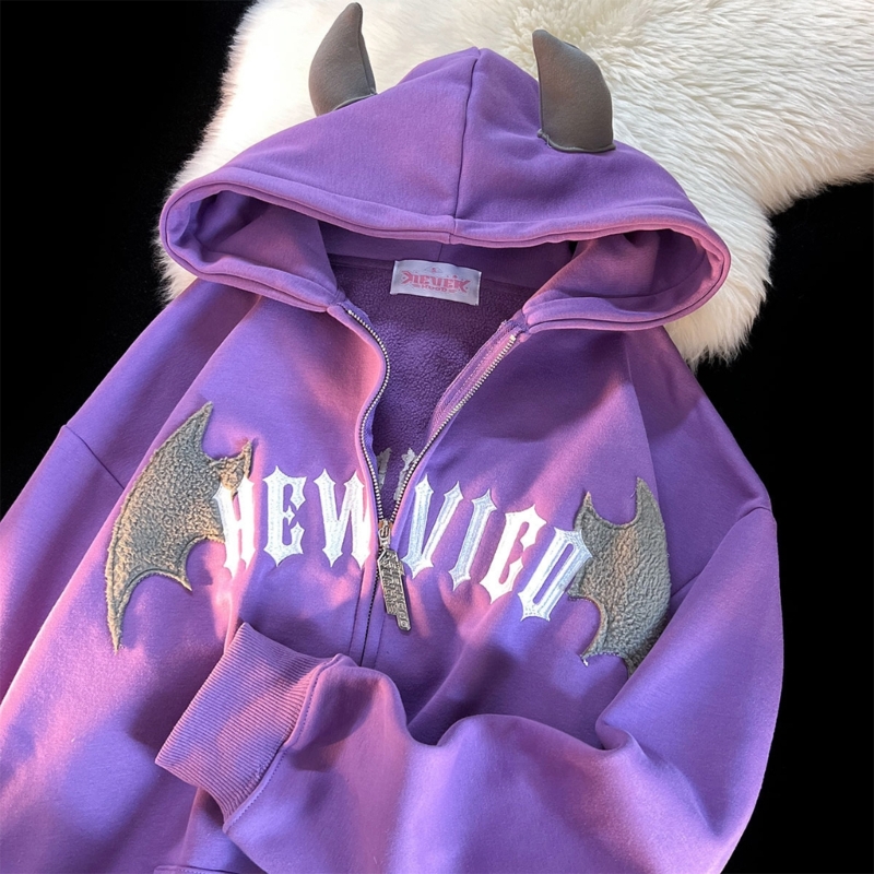 Stylish Womens Devil Horn Swea - Embroidery Zip Up Hoodie のレビューと価格
