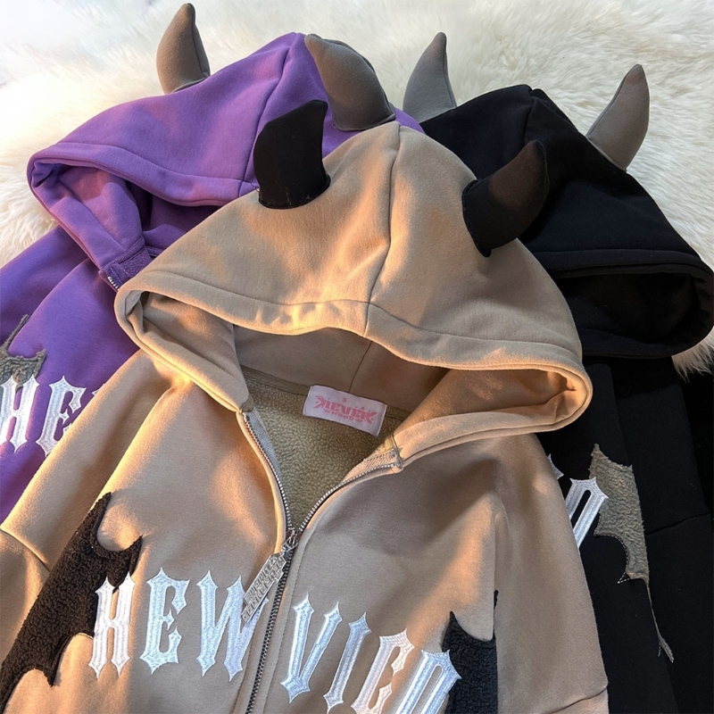 Stylish Womens Devil Horn Swea - Embroidery Zip Up Hoodie のレビューと価格