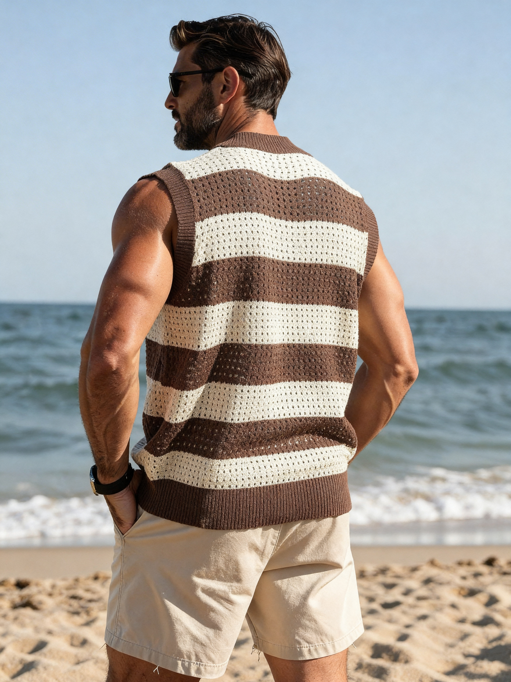 Men's V-Neck Striped Crochet K - Embroidery Vest のレビューと価格