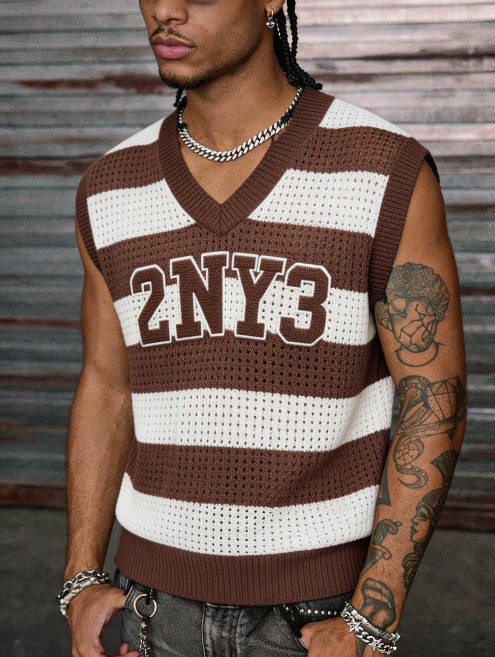 Men's V-Neck Striped Crochet K - Embroidery Vest のレビューと価格