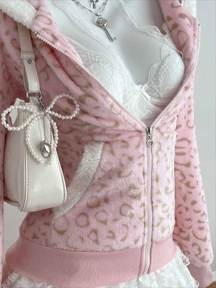 Cute Pink Leopard Pint Hooded  - Embroidery Zip Up Hoodie のレビューと価格