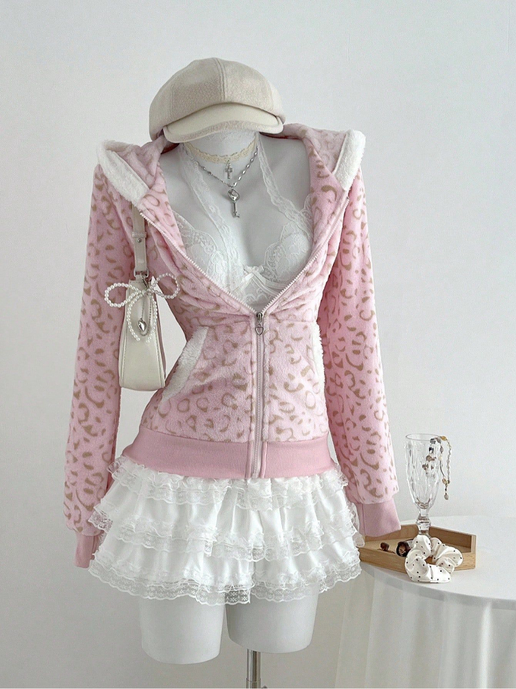 Cute Pink Leopard Pint Hooded  - Embroidery Zip Up Hoodie のレビューと価格