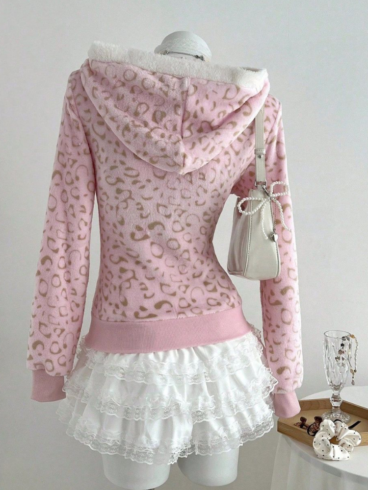 Cute Pink Leopard Pint Hooded  - Embroidery Zip Up Hoodie のレビューと価格