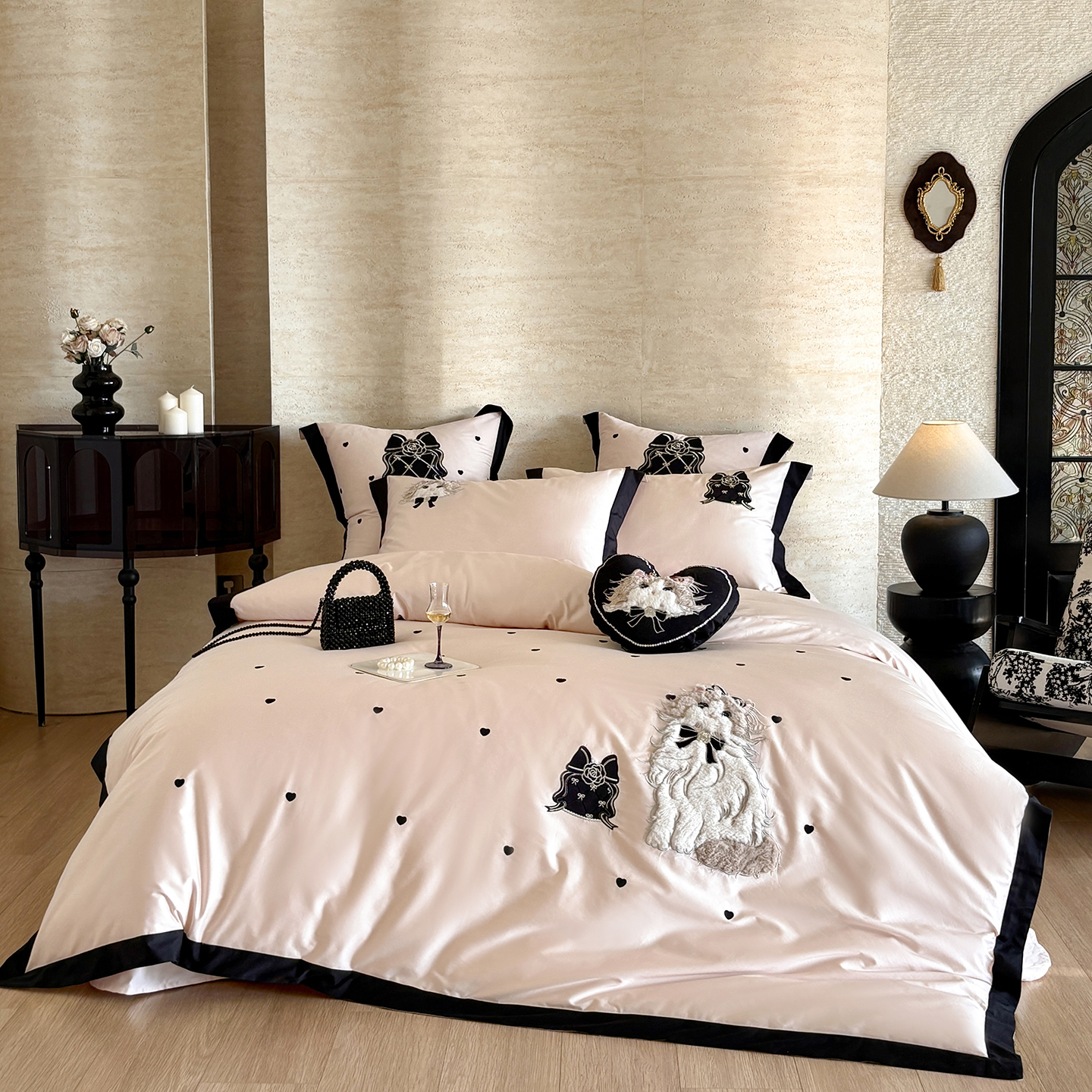 Pink Cute Cat Embroidery Black - Embroidery Quilt Cover のレビューと価格